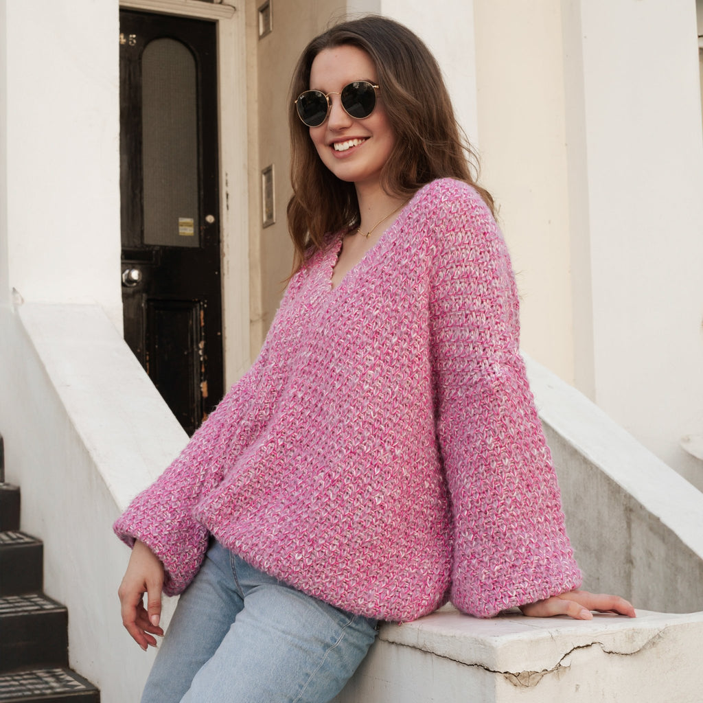 Zohar Twist Oversized V Neck Jumper - Pink - Cara & The Sky