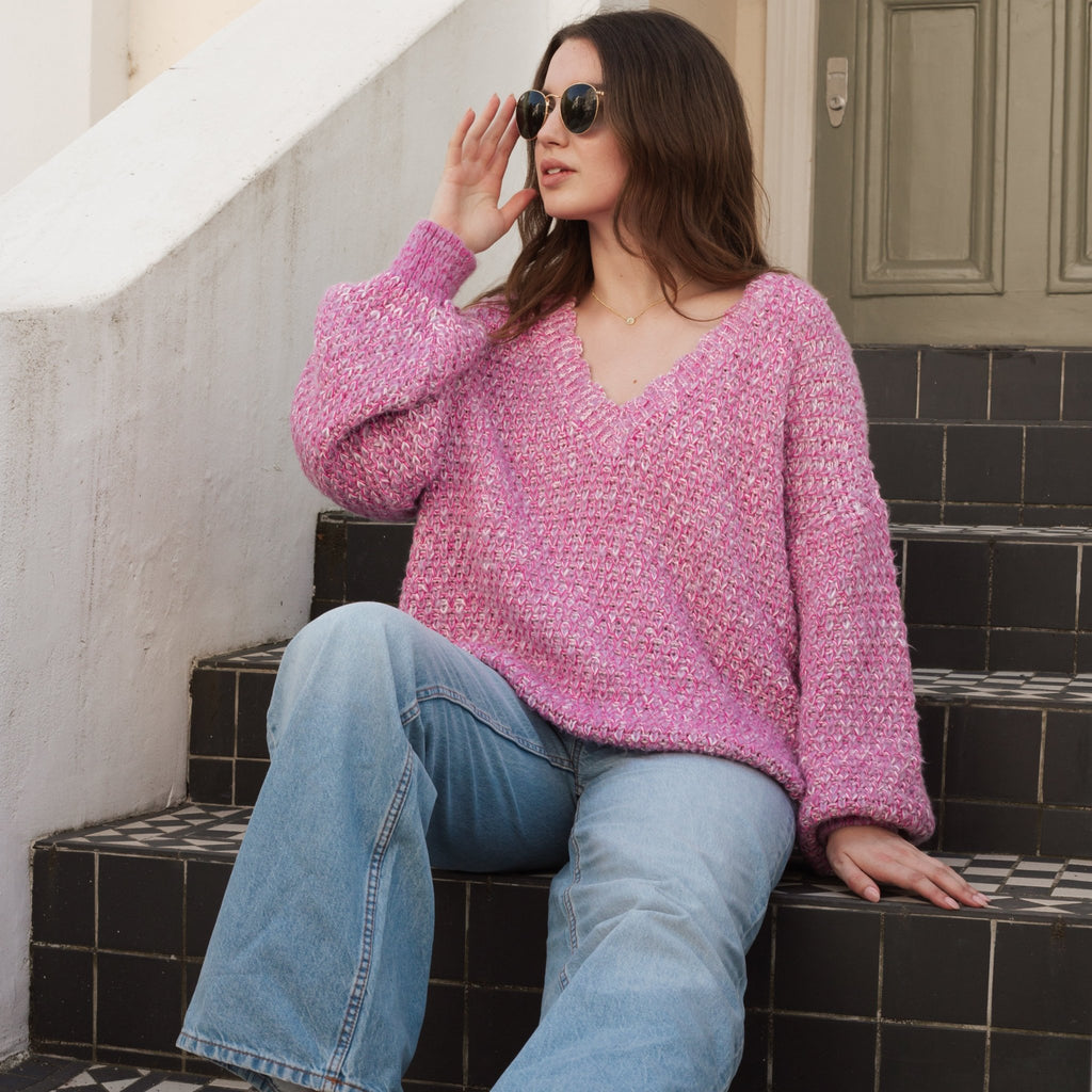 Zohar Twist Oversized V Neck Jumper - Pink - Cara & The Sky